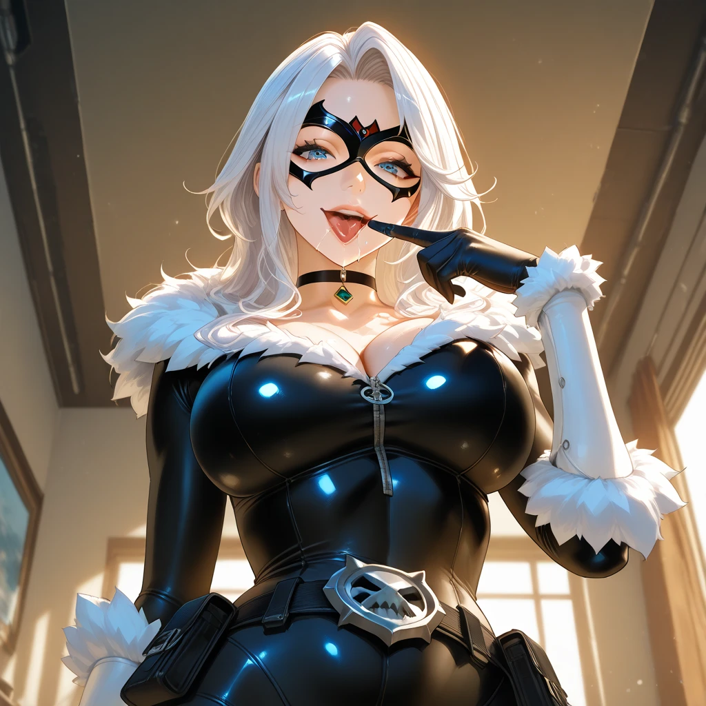 (high quality, 8k, 4K, high contrast, artwork:1.2, high quality, best aesthetics), (dynamic angle), ((1 woman)), (??????, sensual, mature body), (super detailed, beautiful face detailed, beautiful eyes detailed, detailed beautiful mouth), (sexy body, perfect breats, perfect wide thighs), (long, wavy white hair), (blue eyes), (black hero/villain mask over his eyes), (black bodysuit with cleavage on the breasts with white gloves and white fur details around the neckline and gloves), (sensual facial expression), (standing in an upright, centered posture), (looking directly at the viewer)