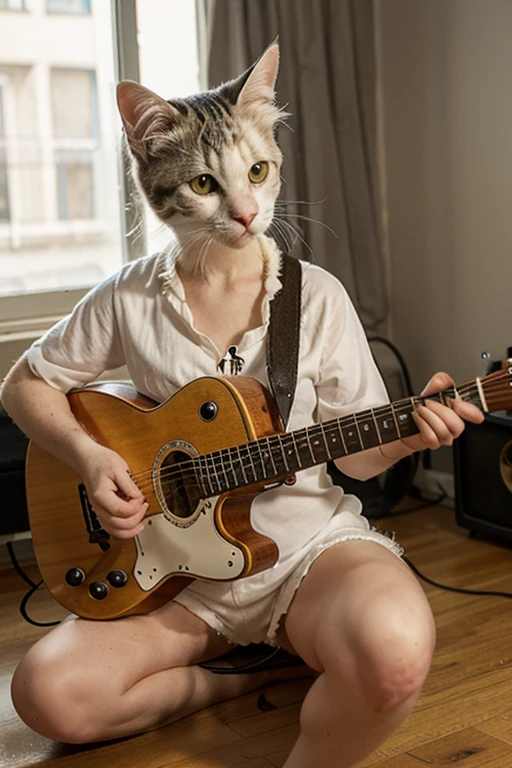 Young adult girl with wavy hair, cargo pants, mostly black and white clothing, playing the clarinet and next to him with an orange and white kitten