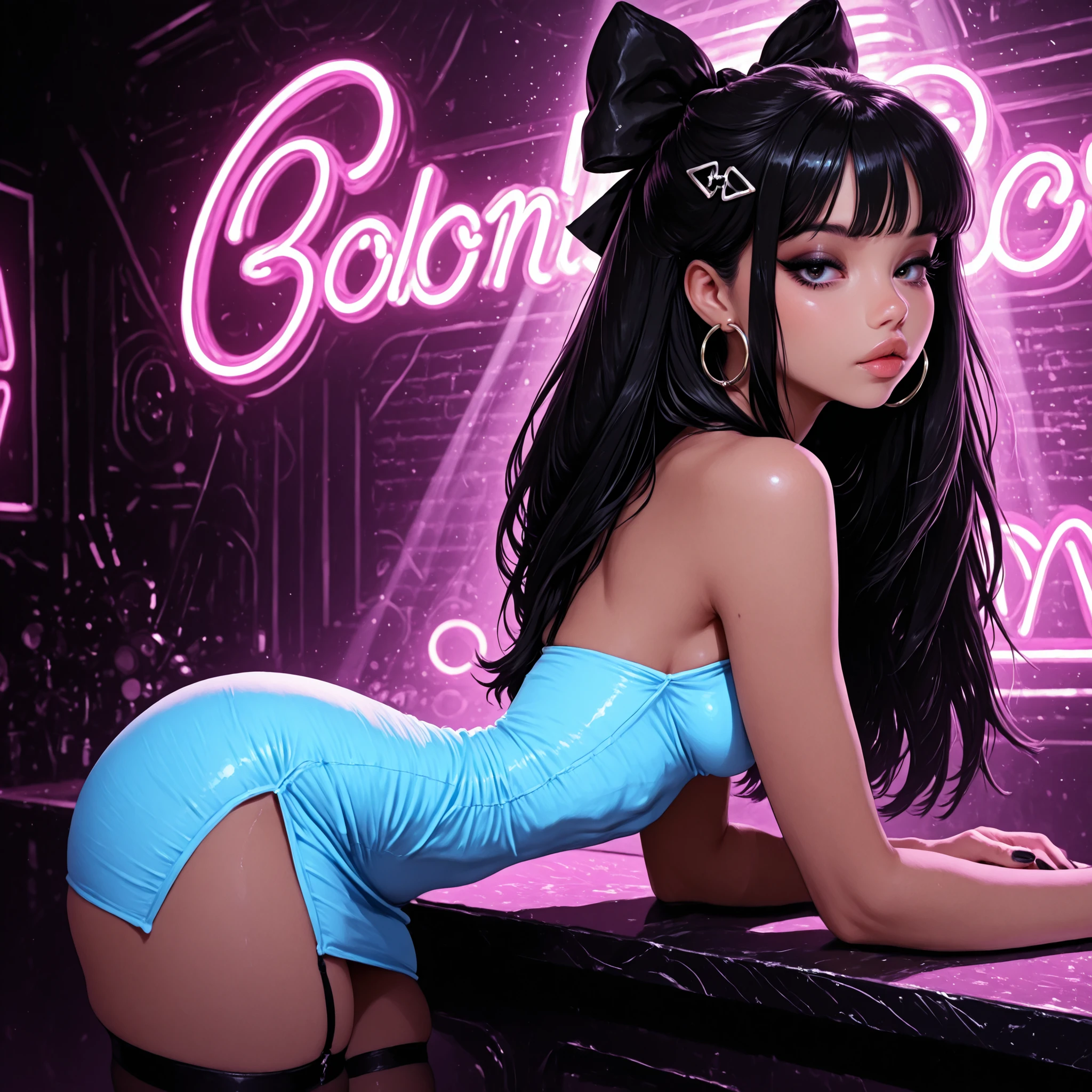 1girl, Solo, black nails, eyeliner, High Resolution, looking at viewer, Bangs, Hair Bow, Masterpiece, High Resolution, Anatomically Correct, Detail, High Details, High Quality, medium round breasts, Hoop Earrings, Hair Ribbon, Jewelry, Hair Clip, Backlighting, Bloom, Cinematic Lighting, God Rays, Beautiful Young girl, Babyface, glossy lips, skinny, short black hair, in nightclub with neon lights, club dress, view from side, bending over, from thigh up