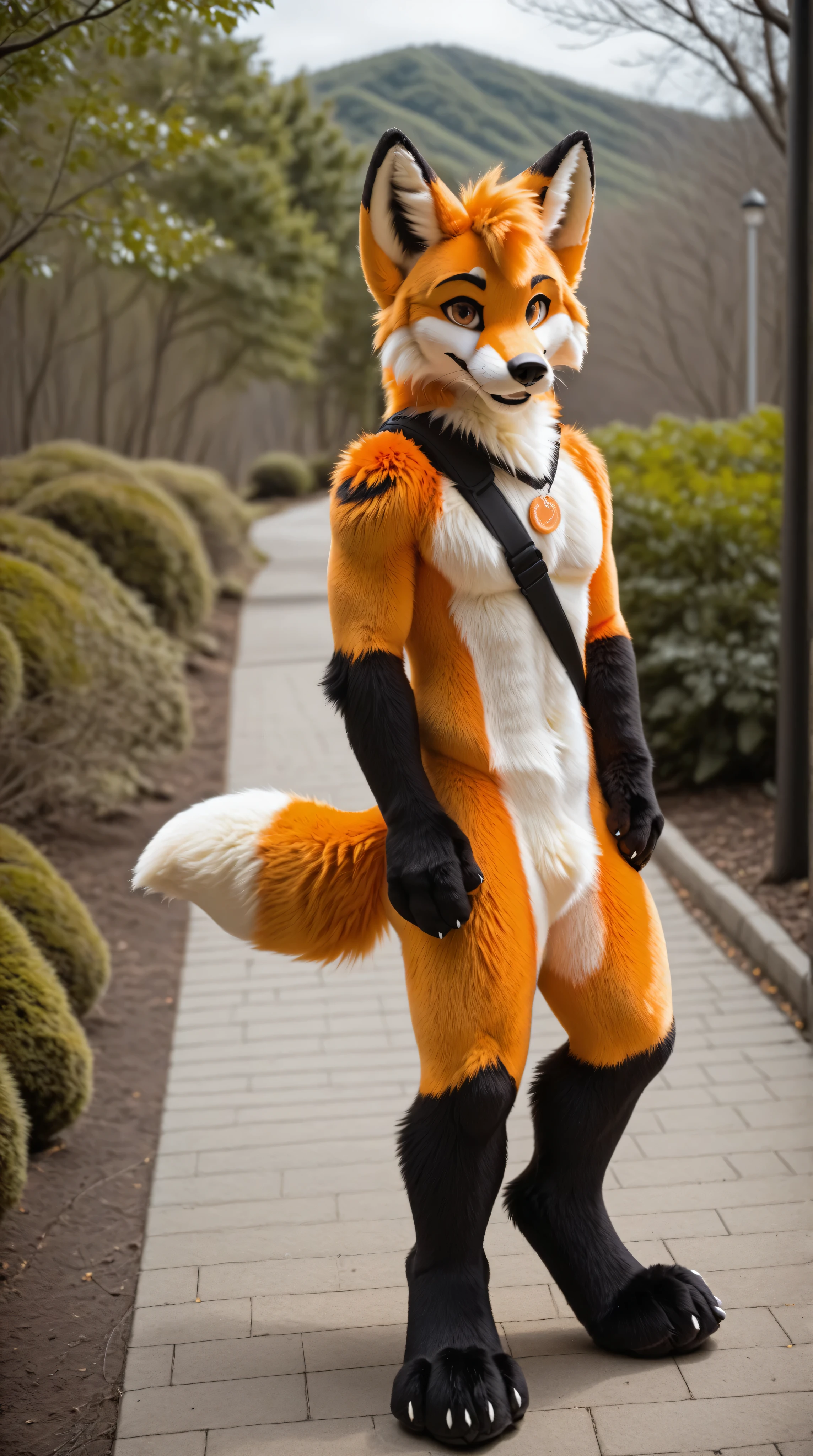 full body, fursuit, male, orange, fox, brown eyes, outside