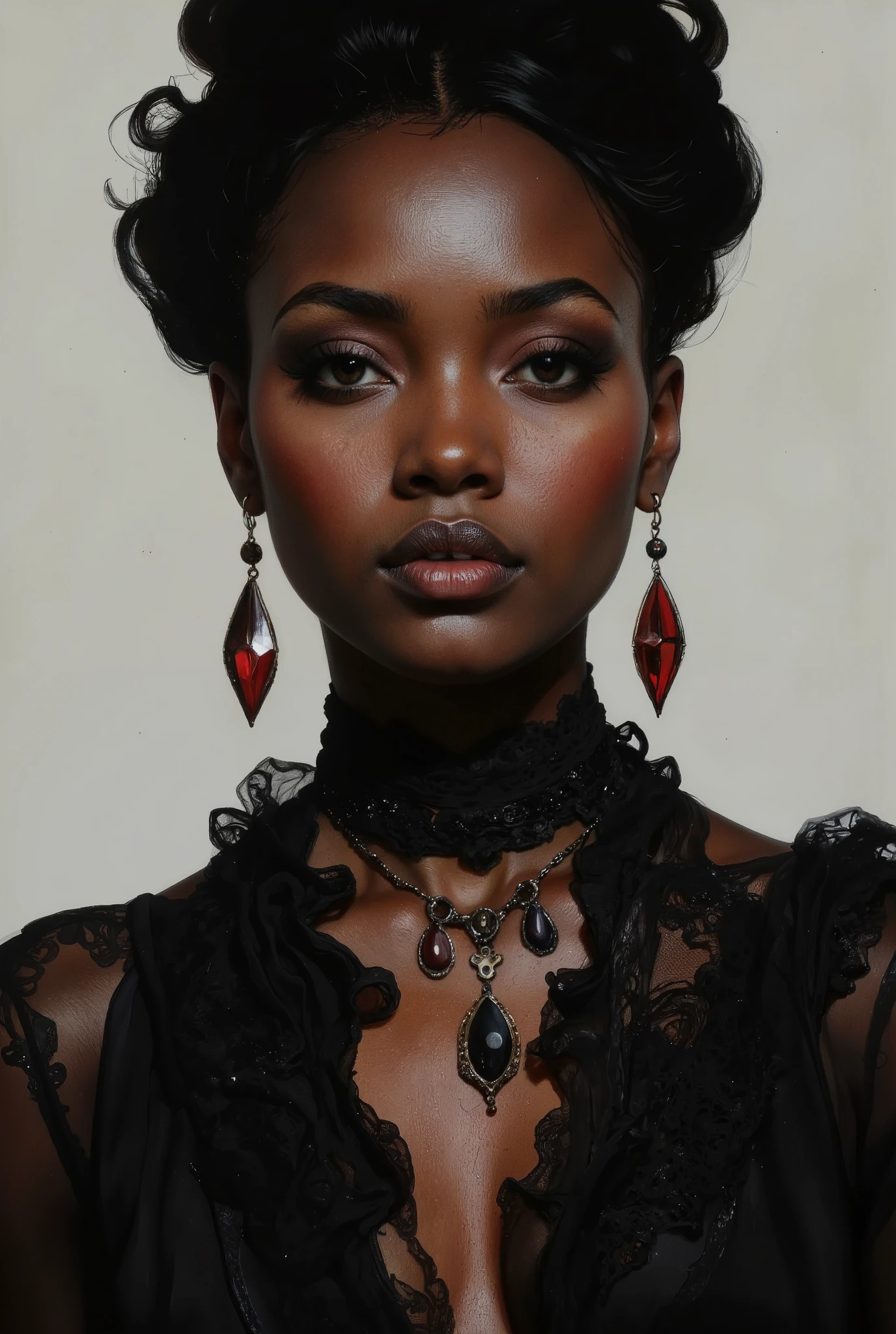 Portrait of a ebony african goth woman. Her dark, haunting eyes are framed by black eyeshadow and eyeliner. Her lips, painted in deep crimson, make her cruel and dangerous, as if she knows secrets that could shatter worlds. Black female wearing black lace, choker, earings, pendant. She looks at the viewer, there is an undeniable intensity in her expression—a silent promise of inevitable punishement.