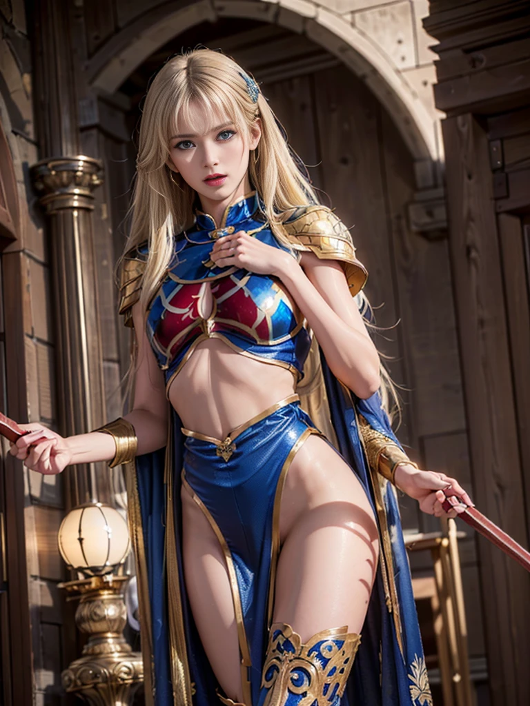 (((masterpiece, best quality))), (((high quality))), (((high resolution illustration))), (((hyper detail))),(((NSFW))), (((Wordsworth's Sharon))),(((Very beautiful long blonde hair))), (((Very beautiful face))), ((((Detailed face)))),(((very beautiful blue eyes))),(((Realistic Skin))),(((kindly smiling, shy expression))),(((her face is flushed))),(((slim body))),(((slim thighs))),(((medium breasts))),(((very beautiful slender legs))),(((Pearl Blue Armor with extremely detailed and intricate decoration))),(((A skirt with extremely detailed and intricate decoration))),(((Boots with extremely detailed and intricate decoration))),(((beautiful earrings))),(((a beautiful hair ornament))),((A cloak with very detailed and intricate decoration))),(((She is in a dark cave late at night))),(((has a huge weapon))), (highest quality:1.6), (超A high resolution:1.5), (Realistic:1.75), 8K resolution, Canon EOS R5, 50mm, Absurd, Ultra-detailed,Cinema Lighting,