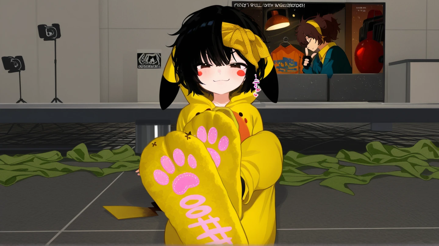 score_9,score_8_up,score_7_up,score_6_up,score_5_up,source_anime,source_furry, furry female, furry, anthro, cat, anthro_feline, black fur, yellow eyes, black hair, paw_sloe,sharp_toenails, pawpads, (standing and show foot,standing and toe-point,toe-point,from above,standing,foot focus,leg up,fish eye,standing on one leg),
gym storeroom, hoodie,baseball cap,hands in pockets,micro shorts,steaming and sweat foot
