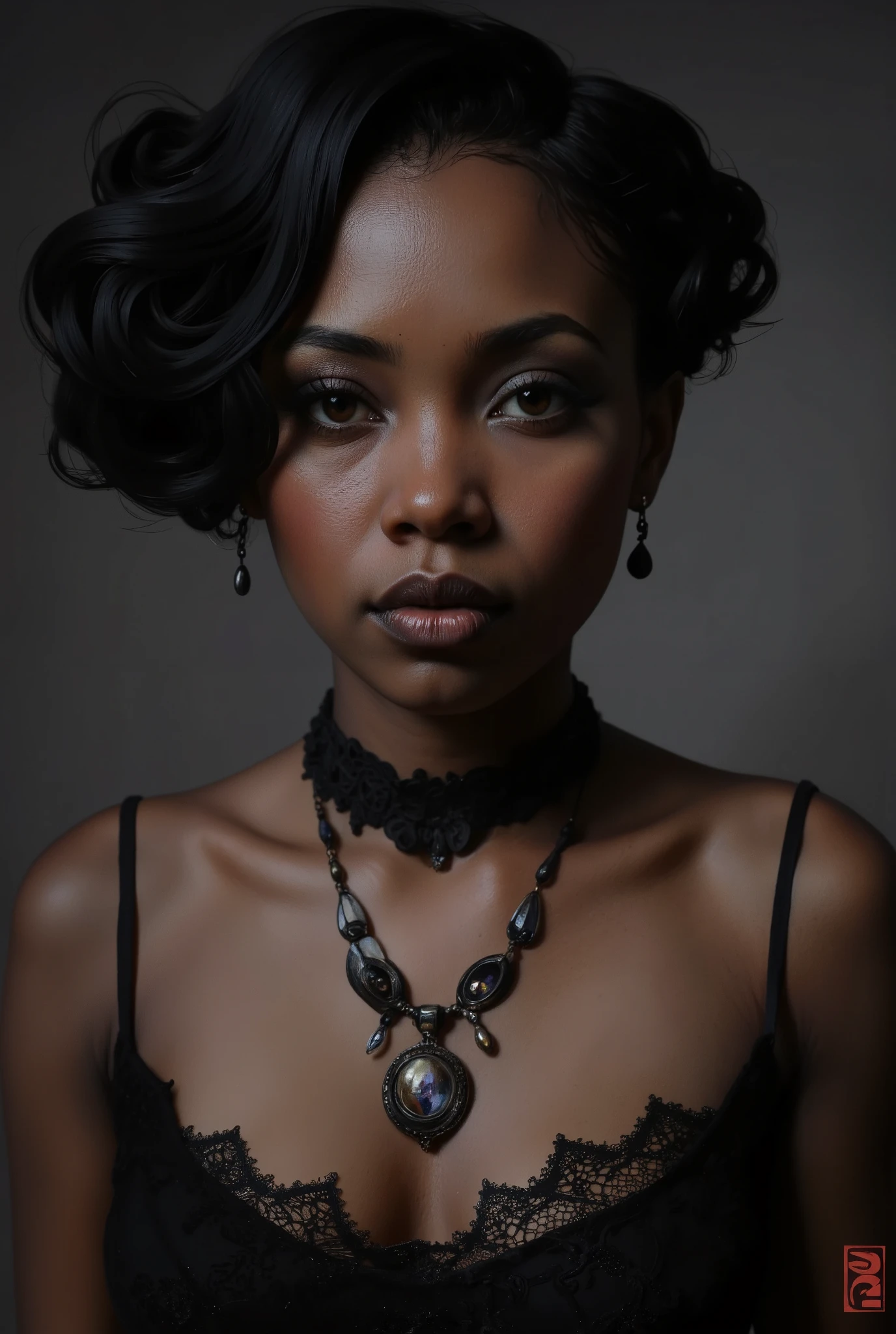 Portrait of a ebony african woman. Her dark, haunting eyes are framed by black eyeshadow and eyeliner. Her lips, painted in deep crimson, make her cruel and dangerous, as if she knows secrets that could shatter worlds. Black female wearing black lace, choker, earings, pendant. She looks at the viewer, there is an undeniable intensity in her expression—a silent promise of inevitable punishement.