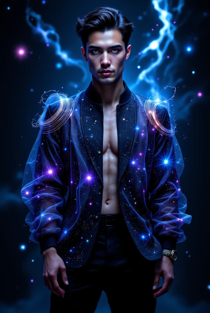 (1980s anime), (Cosmic Fallen Angel: 1.5), (masterpiece, high resolution, detailed:1.3), a mesmerizing depiction of a (strikingly handsome young man:1.5, (face: Matthew Daddario)) donning (cosmic print shirt and black pants, bulge:1.5), (open shirt showcasing chest and abs: 1.5), gorgeous, beautiful, wet, muscular, breathtaking grandeur, best quality, Biomechanical, eerie, Creepy, nightmarish, Very bright colors, Light particles, with light glowing, Mshiff, wallpaper art, UHD wallpaper, his (toned physique:1.5) is bathed in the soft glow of distant stars, and a hot glow in his skin, creating an otherworldly aura. As he sexually gazes out into the depths of space, his (intense blue eyes:1.2) reflect the wonder and curiosity of his cosmic journey. The intricate details of his attire and the (subtle gleam:1.2) on his skin are meticulously captured, lending an air of realism to the scene. (Sexiest pose: 1.5)