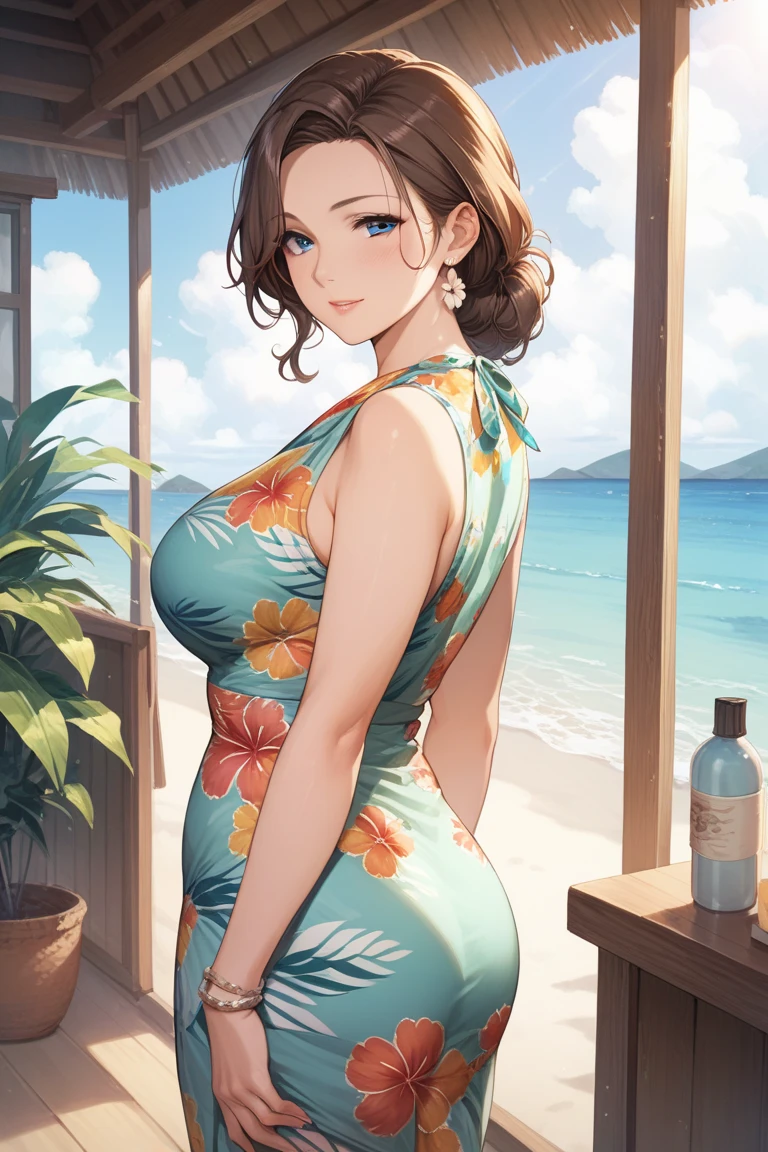 Ten generations、woman、2 people、 Fantasy、Official Art, unity 8k wallpaper, Ultra-detailed, beautifully、beautiful, masterpiece, Highest quality、High definition、Surreal、Photorealistic、short hair、Updo、Iris、Depth of written boundary, Great atmosphere, Calm palette, Calm mood, Soft Shading、Chubby、Plump figure、Huge breasts、Stone Building、Stone ruins、Stone statue、Desert Oasis、Palm tree、plant、Wear a bikini swimsuit、maikurobiki、Water Play、Floral print swimsuit、Staring at this、A shy smile