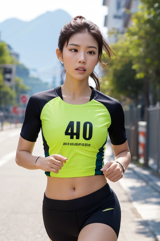(masterpiece,highest quality:1.4),(8K,RAW photo,realistic:1.2),(shiny skin),fine skin,detailed face,fine eyes,1 girl,Upper body,japanese idol,very beautiful face,Girl Running,Wearing sportswear ,outdoor