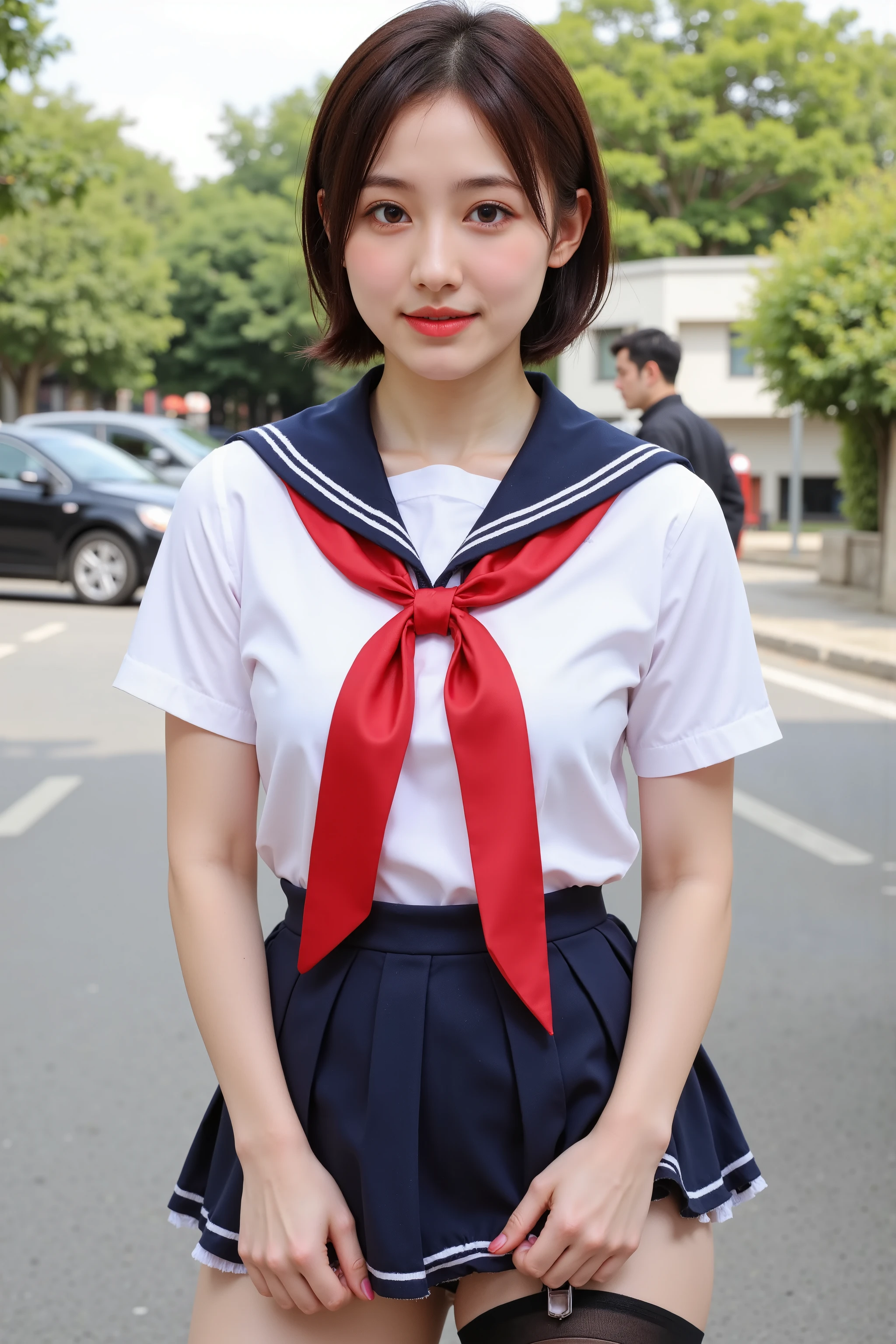 (【8k, ultra-high resolution, Premium Quality, masterpiece:1.2), masterpiece, Premium Quality, illustration, Super Detail, Exquisite description, high resolution, 【8k Wallpaper, perfect dynamic composition, detail beautiful eyes, (((She hung up her skirt with her hands、Very Reality sailor suit texture))), full album 、 Black Stockings ,(seamless real Black Stockings 1 .1)Extremely realistic:1.21, high resolutionの写真 :1.21, HD picture :1.21, High fidelity :1.21, ( Premium Quality:1.37), 32k resolution, high dynamic range :1.5, Very Fine :1.5, 超Reality主義 :1.5, file size very large :1.5, masterpiece:1.21, Noise canceling as the original :1.5, Reality :1.5, Original photo from the last century :1.5, Japanese beauty holding a commander rod in her right hand , constellation :1.1, brown hair, HyumaもJapanese beauty holding a commander rod in her right hand{x}。 , She wears , wearing a traditional sailor outfit wearing a Tokyo school bun , White , One side short-sleeved sailor suit :1.21, Get lucky :1.21, とても Japanese beauty holding a commander rod in her right hand , navy blue pleated mini skirt , background , movie lights, crouched with her legs spread out for sex :1.5