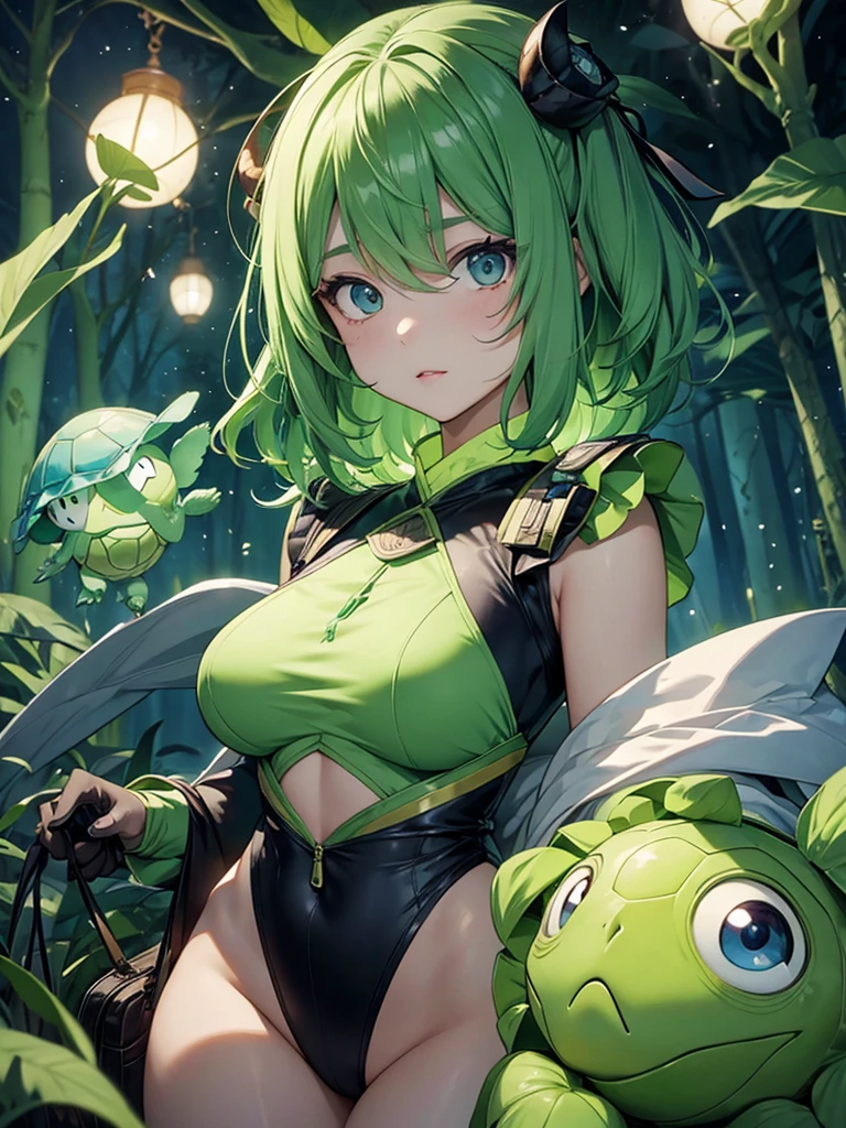 ((masterpiece, best quality)), highres, 8k, cinematic light, high contrast, depth of field, intense glow, detailed background, 1girl, cute, detailed eyes, sparkle in eyes, detailed iris, grin, stylized, (green_hair:1.3), messy hair, luminous, dreamer, dreamy eyes, sleepy, (green_eyes:1.3) enchanted green eyes, hood, hoodie, frog hoodie, (frog hood:1.5), froggy, (frog in disguise:1.3), unzipped hoodie, (naked hoodie:1.3), large breasts, cleavage, exposed body, nude, no pants, no skirts, bottomless, no shirt, shirtless, (green_hoodie:1.3), cute, cute smile, (blushing:1.3)