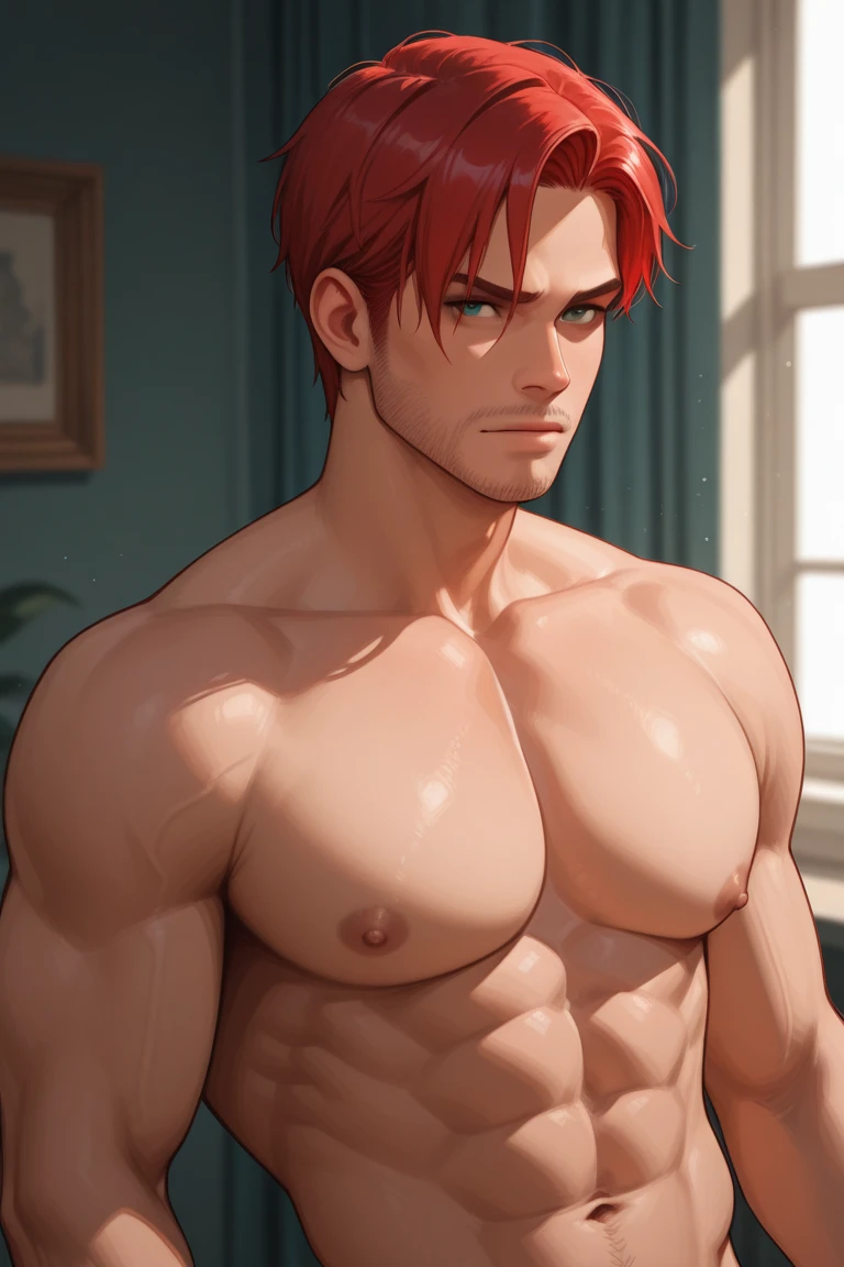 a young man, crimson red hair, shirtless, sensual body, thin pink nose, dark blue eyes, ultra-detailed eyes, sexy fitness boy, seductive look, flushed face, ultra realistic, anime, smiling, ultra-detailed lighting, radiosity, photon lighting, place (school), hands in pockets, --auto --s2