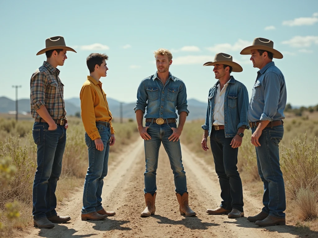  5 cowboy men working on a horse farm some shirtless and another wearing a striped shirt and a handsome young gay man seduces him