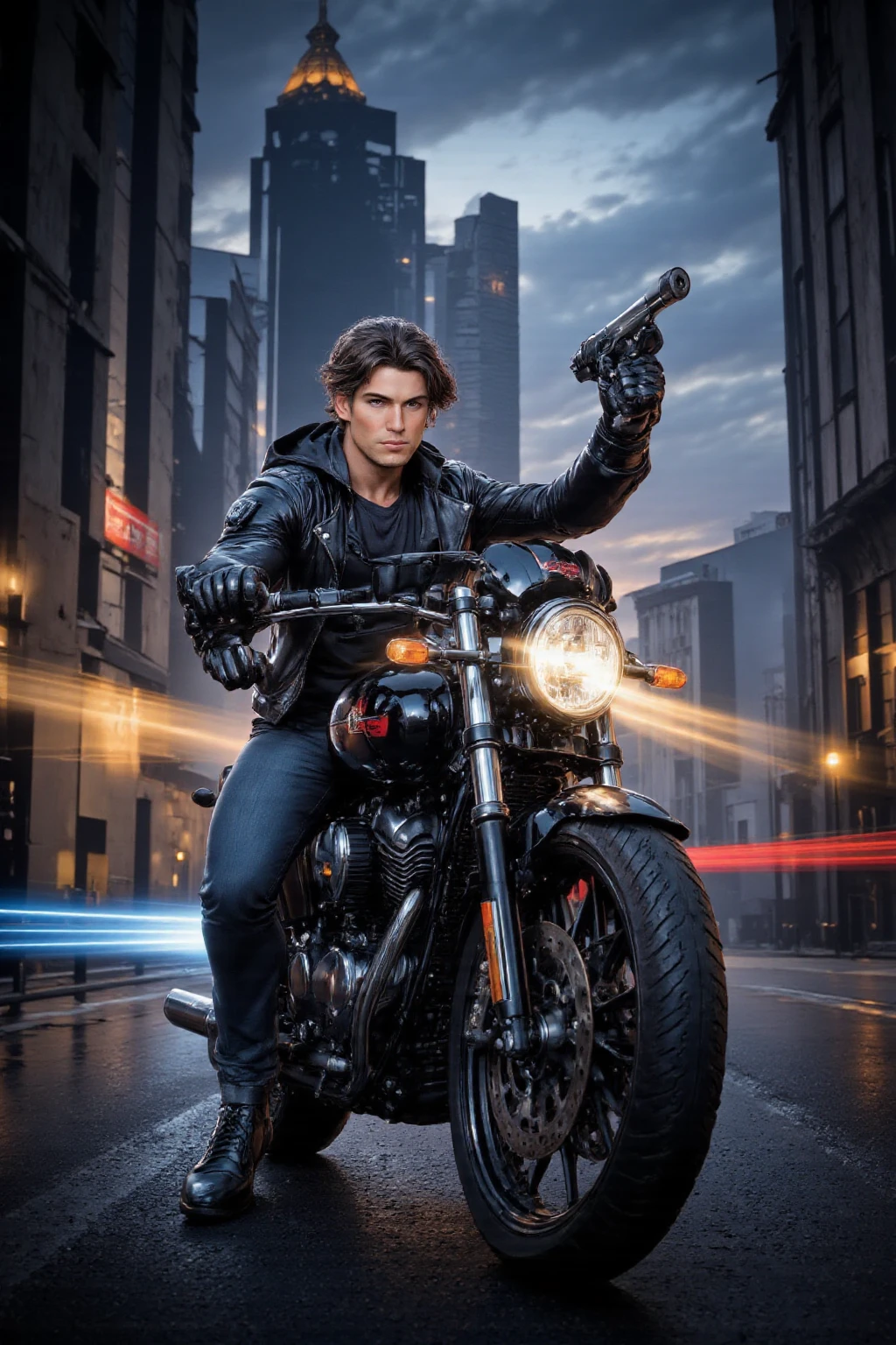 He rides an American motorcycle and holds a gun in his hand,A young man in his late 20s ,high resolution, look, High Details, Very Detailed,  cinematography, super detailed, Reality, 
