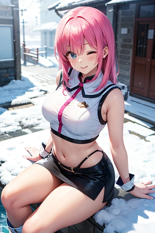beautiful)), ((super detail)), ((high resolution)), (((20 years old))), ((metallic cloth)), (cheerleader), (super heroine), (android), delicate metal decorations, gleaming skin, shiny body, two legs, breast focus, (((tall))), slender legs, ((big round eyes)), cute eyes, drooping eyes, ((adult)), two hands, five fingers, no extra hands, elegant smile, braid, ((metallic blue)), (see-through), (dark pink hair), (((ultra-huge breasts))), (shining brightly), outdoor, mini skirt, daytime, ((biopunk)), (hair shorter than shoulder), (medium length hair), gynoid, (metallic shining competition bikini), city, ((midriff-baring outfit)), (spread legs), camel toe, sit with legs stretched out, nsfw, ((((female masturbation)))), flood of pussy juice, (right hand on the clitoris and left hand on the breast),