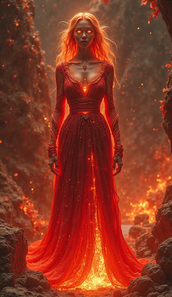 1 girl, sorceress, full body shot, Seeing through the gown, fiery hair, fire wizard