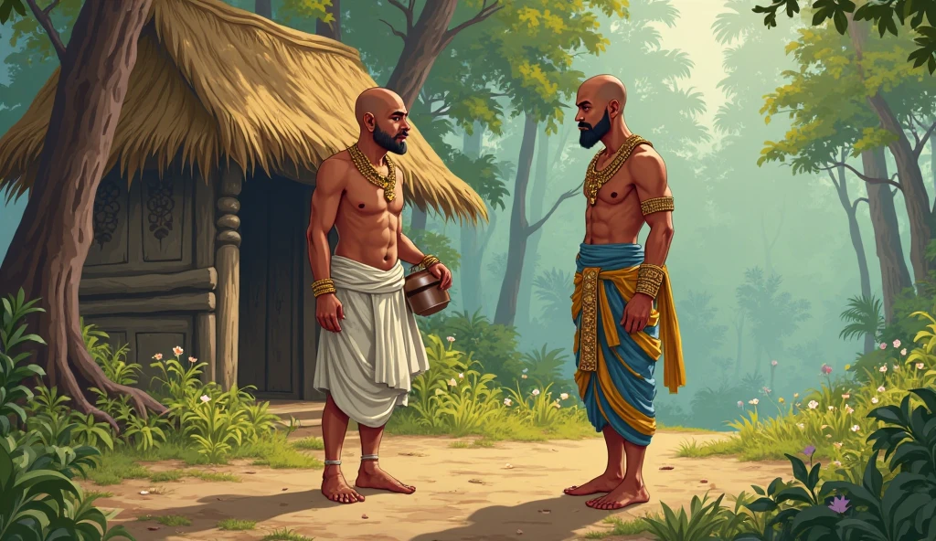 Young man wear dhoti kurta and he rached on old man home old man wear dhoti kurta and pagdi on head they both are talking cartoon animated image 