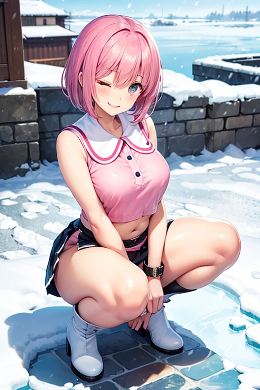(masterpiece, best quality), 1girl, ReimiSugimotoJoJo, , empty eyes , large breasts, nipple, Running, , Heavy snowfall area　frozen wet crying mountain Alone, crying, Naked, solo, 1girl, Peeing, lactation, projectile lactation