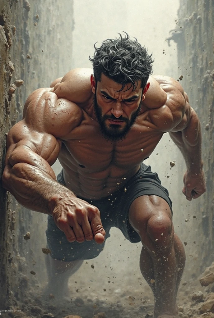 man hanging on bar at very high place, strong wind, windy day, dramatic lighting, low angle view, ultra-detailed, (best quality,4k,8k,highres,masterpiece:1.2),ultra-detailed,(realistic,photorealistic,photo-realistic:1.37),hyper-detailed, cinematic, moody atmosphere, dramatic lighting, vibrant colors, chiaroscuro lighting, muscular male physique, gripping hands, intense expression, wind blowing hair and clothes, vast sky in background, low clouds moving quickly