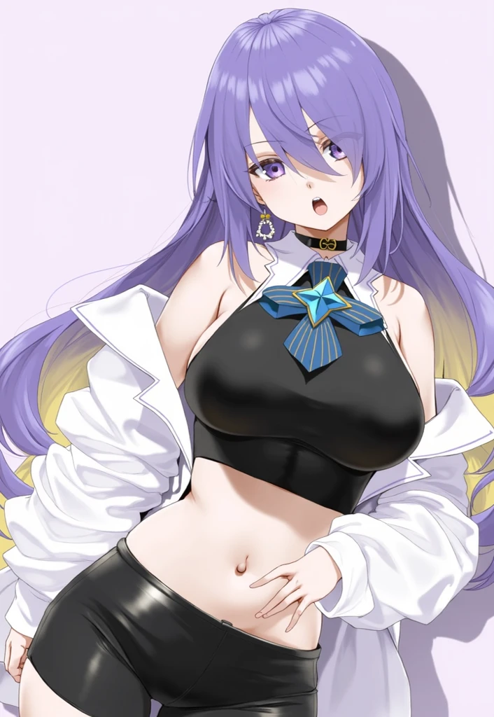 vienna (vtuber), 1girl, bangs, bare shoulders, black coat, black footwear, black hair, blue hair, collarbone, crescent, crescent hair ornament, crop top, crossed bangs, detached collar, dragon girl, dragon horns, fur-trimmed coat, fur trim, gradient hair, hair between eyes, hair ornament, high-waist pants, horns, long coat, long hair, long sleeves, looking at viewer, midriff, multicolored hair, off shoulder, pants, red eyes, solo, standing, thigh strap, very long hair, white collar, white pants, yellow ribbon, night, night sky, star, starry sky, galaxy background, finely detailed background, amazing background