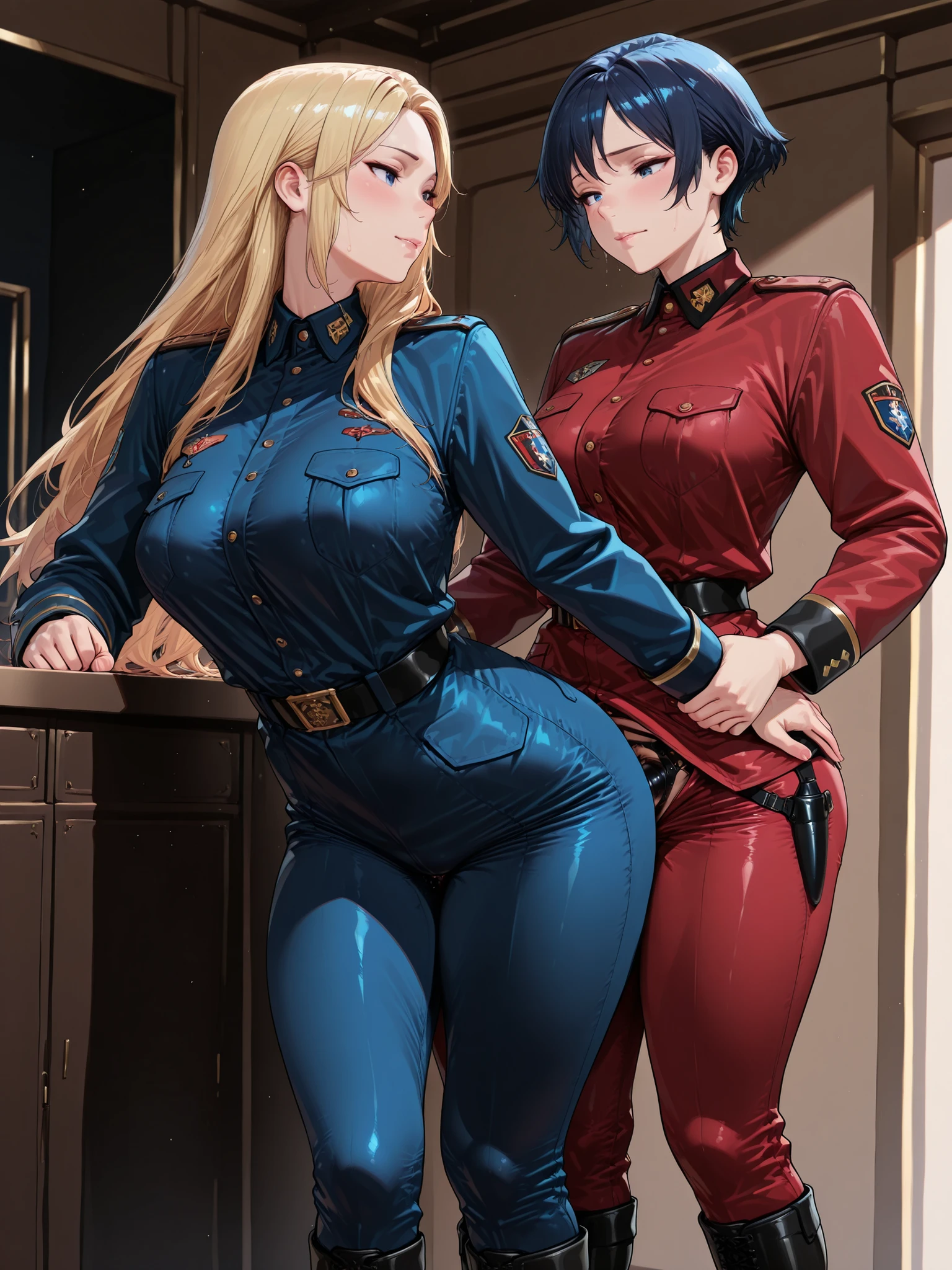 ((Best Quality)),( super high definition),(Super detailed),( detailed description ),((The best CG)),(masterpiece) ,female soldier,2girl,(1girl,gold long hair, red military uniform, Flat-soled military boots ), (1girl, military adjutant ,dark blue short hair, blue military uniform,long pants ,Flat-soled military boots ), (透ける:1.3), 狂気, 乱れた長い髪, 美しく詳細な目,髪が輝く,劇的なアングル,青いセーラーカラー, perky breasts,軽やかな笑み,部分的に水中のショット...,(back lesbian sex,strap-on),realistic