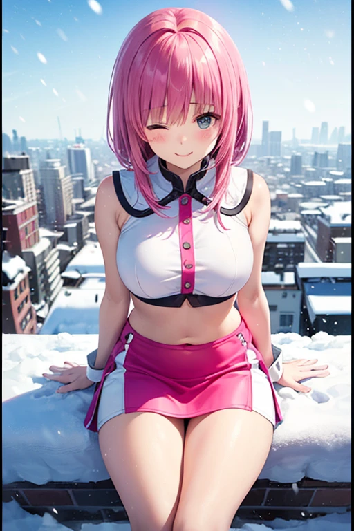 highest quality, masterpiece, solo、pink hair、twin tails、big breasts、tits、swimsuit、exposed、Slut、Thighhighs、long coat、Ski resort
