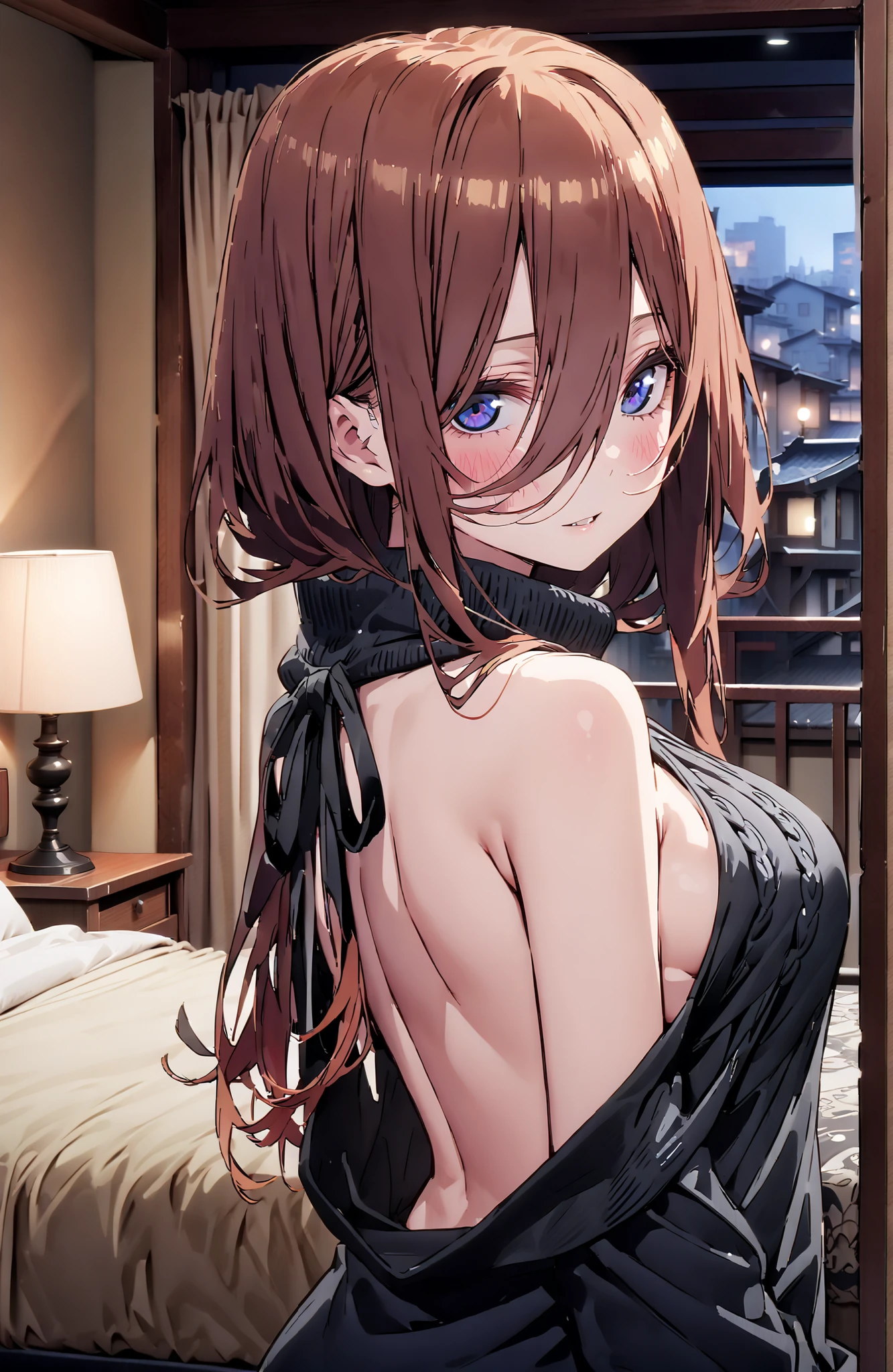 score_9, score_8_up, score_7_up, source_anime, Nakano Miku, long hair, bungs, blue eyes, brown hair, hair between eyebrows, Big Breasts,Virgin Killer Sweater, Naked Sweater, sweater dress, clothes with an open back, TURTLENECK SWEATER, backless dress, sideboob,black pantyhose,turns around,綺麗なnight景, Beautiful Streetscapes,night,bed,interior with a man,window,curtains,full bodyがイラストに入るように,break looking at viewer,full body,
break indoors,bedroom,
break (masterpiece:1.2),best quality ,Kampala,unity 8k 壁紙,(shape:0.8),( fine, beautiful eyes :1.6),It's a person ,full body写真,CG Details , (perfect hand in h,Complete Anatomy),