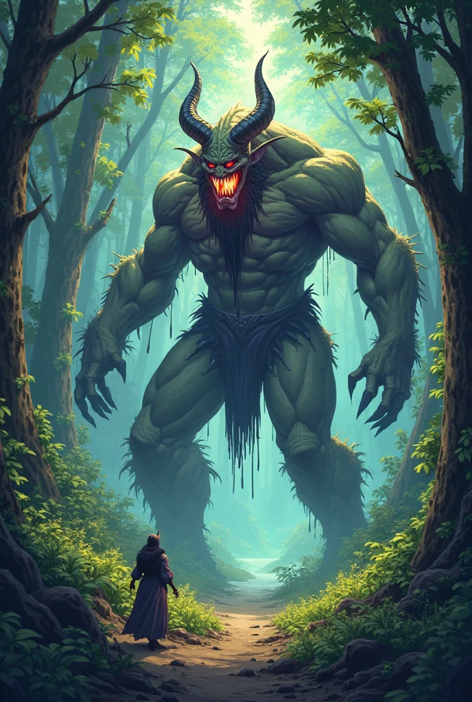 a man in front of a giant monster in the middle of&#39;A Dark Forest