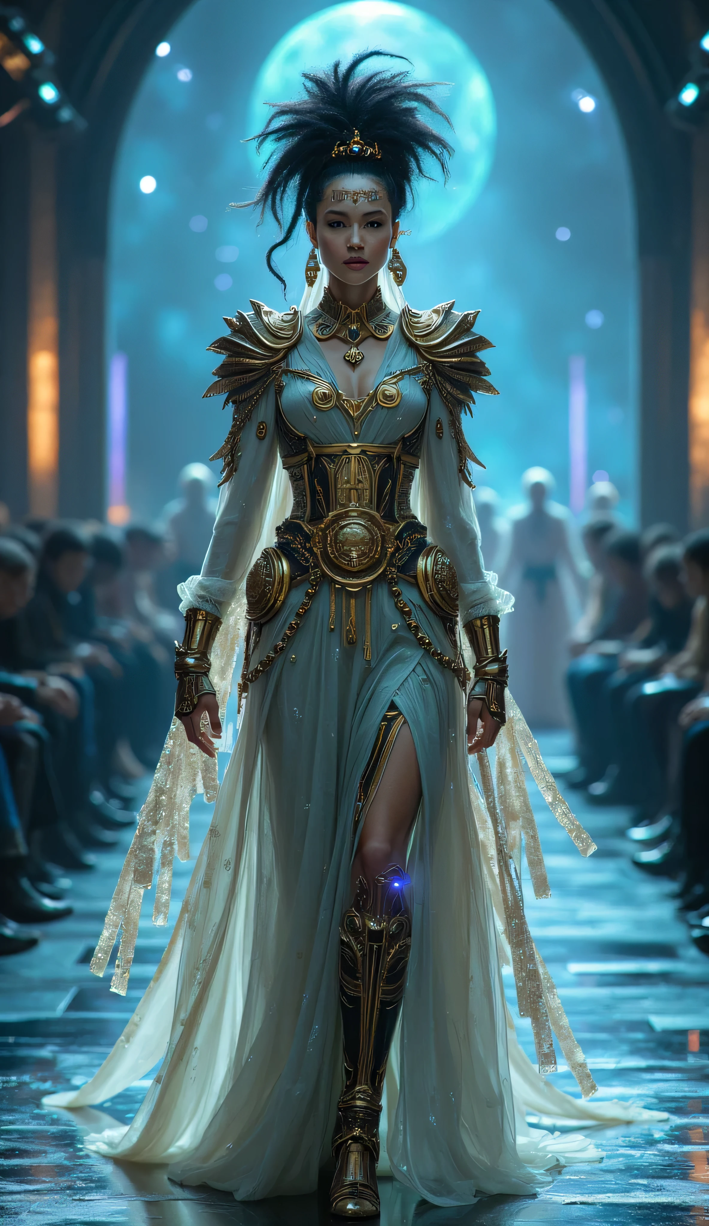 high-fashion model, futuristic Dungeons & Dragons setting, posing with elegance and power, avant-garde outfit, arcane glamour, futuristic design, flowing fabrics made of shimmering magical light, structured armor-like elements forged from enchanted crystal and mithril, accessories, makeup glows subtly with runes, hairstyle defies gravity with magical suspension, dazzling runway, glowing sigils, spell-forged lights, hovering mirrors, cutting-edge fashion, high fantasy, arcane sophistication, couture evolved in a realm ruled by magic