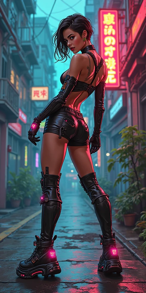 Masterpiece, High Quality, Realistic Drawing, 2.5D Comic Style, GTA-like Colors, Sharpie Art Pen Color, Cel-Shading Technique, Vector Art, Painting Realistic, Full body portrait of flirtatious and muscular Malay woman wearing Futuristic Mechanical Fashion, neon red/green/blue/yellow highlight short hair color, Cyberpunk Futuristic Fashion. neon and led light on her futuristic attire, cyberpunk futuristic headgear with neon led light, cyberpunk futuristic vest with neon led light, cyberpunk futuristic high boots with neon led light, Proportion of mayor, great dramatic pose! full action dynamic pose,  the body style in a sensual pose with the  open and both hands holding the knees, at backstreet cyberpunk downtown, ((full body)), ((dark background))