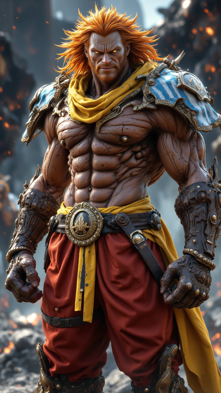 character portrait painting including full-length body image, huge muscular physique, handsome Jamaican, longshot, naked male in Arabian Nights costume, visible alien tattoos on huge muscular thighs chest and shoulders, loos elaborate kimono-style skirt, green pink gold, a magical symbol woven in gold thread into his clothing, action hero, intricate and detailed drawing