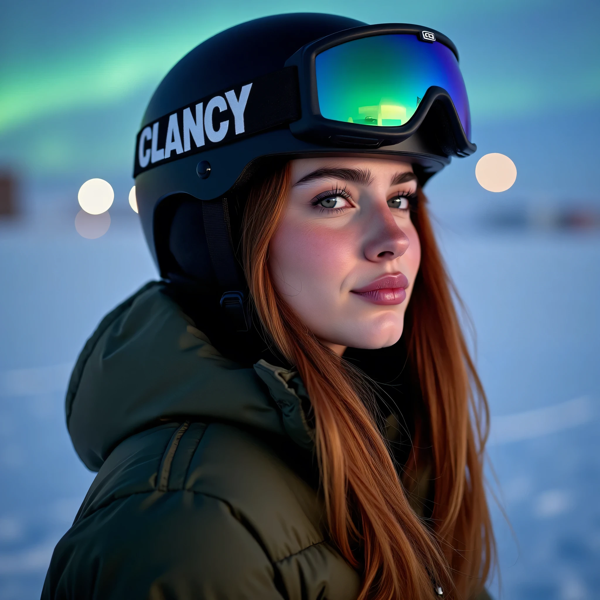 A stunning woman, around 35 years old, poses outdoors in a serene, snow-covered winter Iceland landscape. The picture is taken at night time, with the northern lights glowing behind her. She wears a sleek, olive green puffer jacket zipped up to her chin, Her long, dark auburn hair cascades over her shoulders, its golden tones subtly highlighted by the cool light. She is accessorized with a black ski helmet featuring the brand 'CLANCY' in white lettering on the side and oversized, mirrored ski goggles perched on her forehead, reflecting the snowy surroundings. Her makeup is skillfully applied, enhancing her features with softly defined eyebrows, fluttery lashes, and a natural pink tint on her lips. The overall composition captures the fresh, crisp essence of a winter day while focusing on her stylish and confident presence