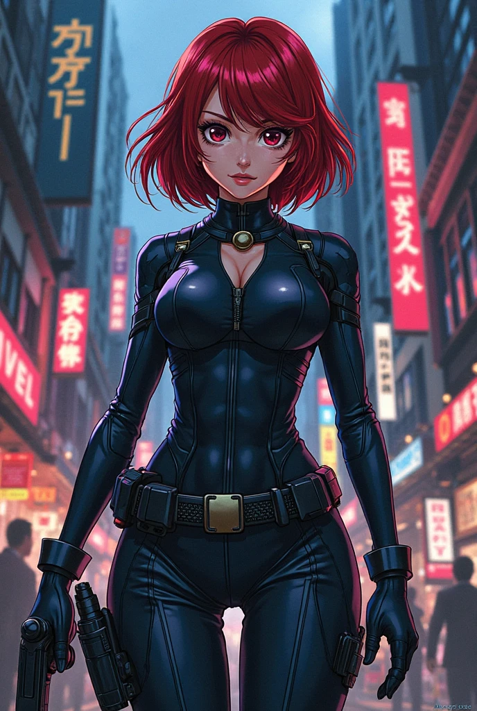 arafed woman in a black latex suit standing in a city, black widow, stylized urban fantasy artwork, redhead female cyberpunk, glossy digital painting, comic digital art, cutesexyrobutts, commission for high res, 8k comic art, epic digital art illustration, in style of digital illustration, alena aenami and artgerm, inspired by Greg Hildebrandt