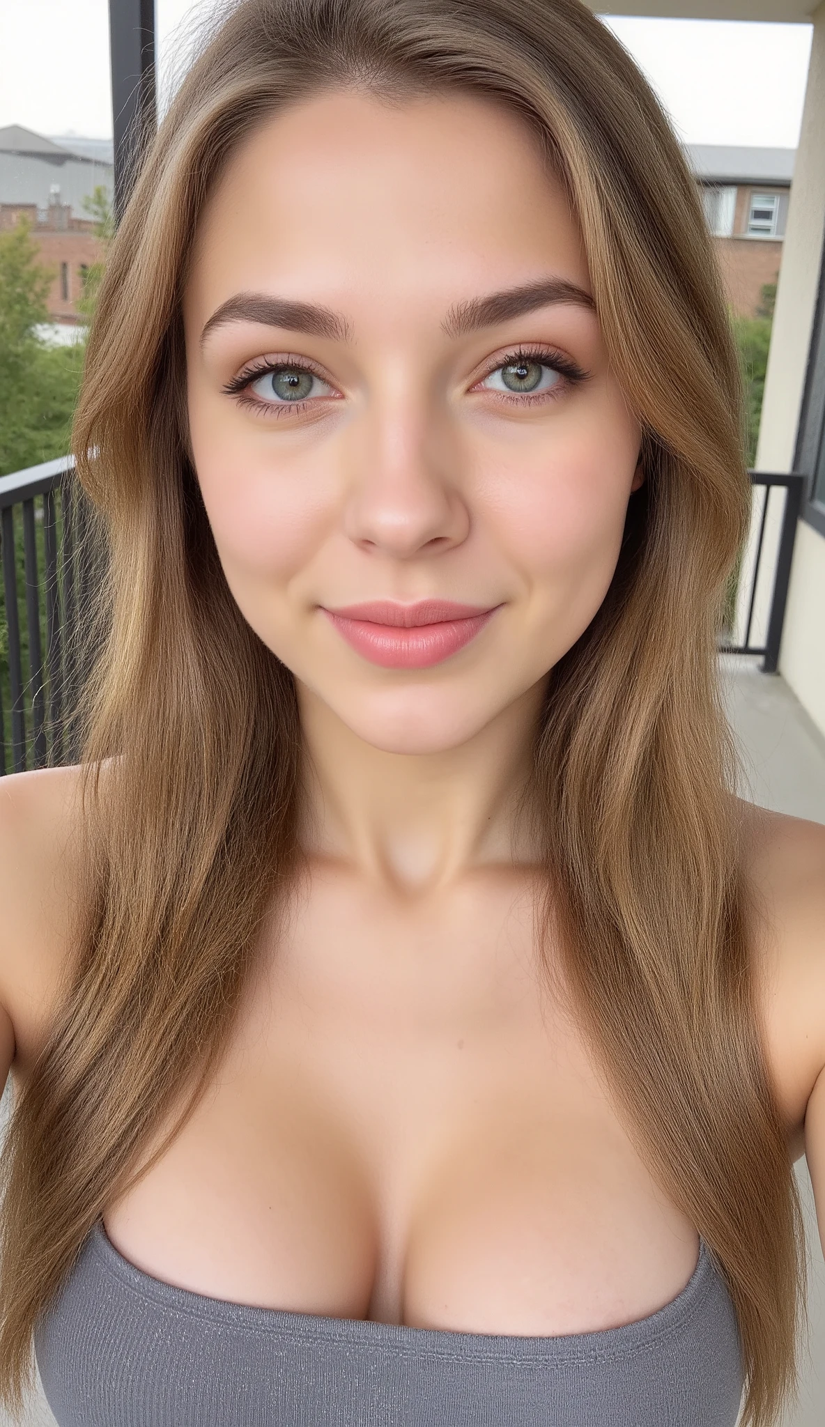 A young adult white Caucasian woman with long brunette hair, no bangs, and no accessories is captured in a close-up selfie. She appears to be wearing a muted grayish-blue tank top with a square neckline.
The background suggests an outdoor setting, possibly a balcony or patio, with dark railings visible. Beyond the railings, there are blurred hints of greenery and possibly buildings in the distance. The lighting appears to be natural daylight, possibly slightly overcast, providing soft and even illumination on the subject's face.
The artistic style is that of a casual selfie, likely taken with a smartphone. The mood is relaxed and informal. No nudity.