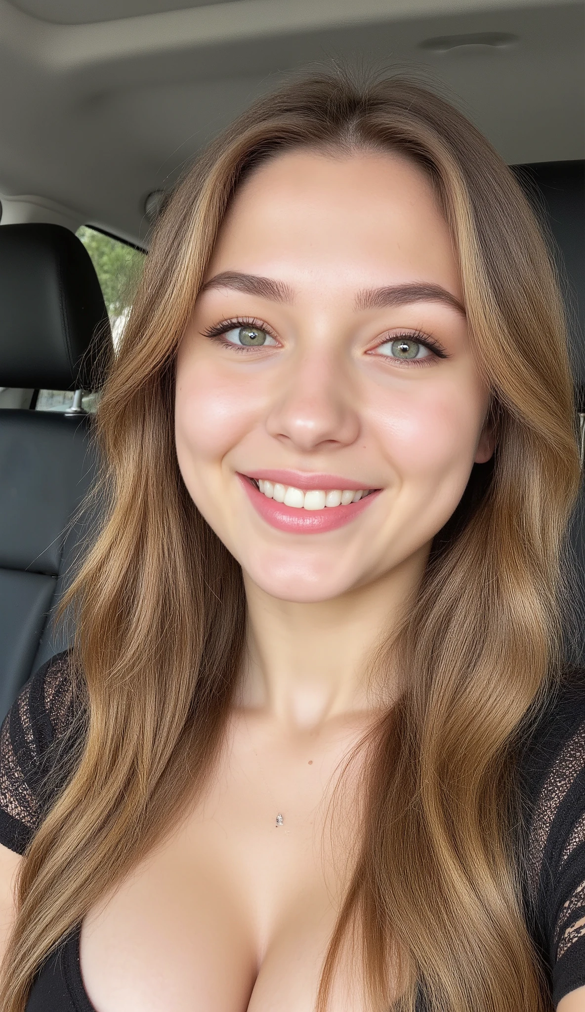 A young adult White Caucasian woman with long, straight brunette hair, styled without bangs, is taking a close-up selfie. She has a warm, genuine smile, and her gaze is directed towards the camera. She has no visible tattoos or accessories. She is wearing a black, short-sleeved top with a slightly textured or lace detail on the sleeves. A delicate necklace with a small pendant is visible around her neck.
The environment appears to be the interior of a car. The headrests of the car seats are visible in the blurred background, suggesting she is sitting in the driver's or passenger seat. The car's interior is dark, likely black leather or a similar material.
The lighting seems to be soft and diffused, possibly natural light coming through the car windows, illuminating her face evenly and creating subtle highlights on her hair and skin.
The artistic style is that of a casual selfie, likely taken with a smartphone. The focus is sharply on the woman's face and upper body. The mood is friendly, approachable, and relaxed. No nudity is depicted.