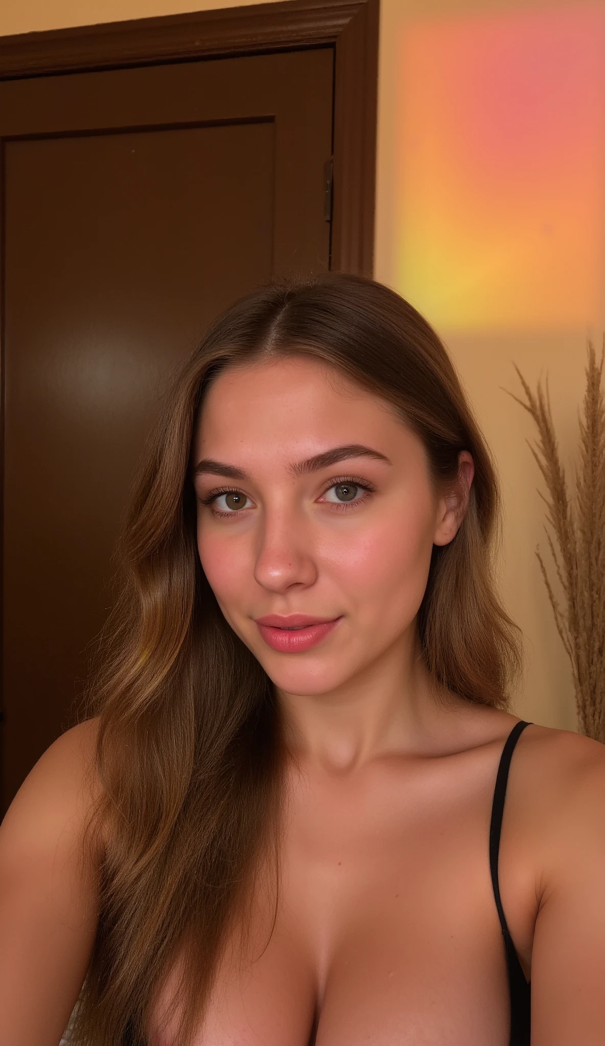 A young adult white Caucasian woman with long brunette hair, no tattoo, no bangs, and no accessories, is captured in a close-up selfie. Her gaze is directed towards the camera. She appears to be wearing a black top with thin straps. Her right hand is slightly raised near her face.
The background is somewhat blurred and features warm lighting with hues of orange, yellow, and hints of green, possibly from an artificial light source or a projector. A dark wooden door with a visible handle is partially seen behind her to the left. To the right, out-of-focus dried floral stems in a vase are visible.
The lighting creates a warm and slightly moody atmosphere. The artistic style is a casual selfie with a shallow depth of field, focusing on the subject's face. The mood is intimate and somewhat sultry. No nudity.