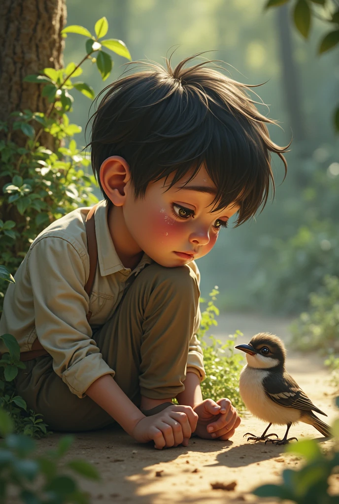 Boy playing on an apple tree