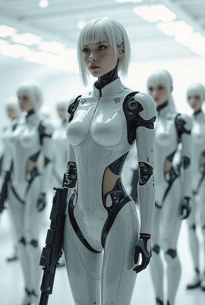 there is a woman holding a gun in front of a group of people, white cyborg fashion shot, animation film still, bluray image, by Alexander McQueen, angel in plastic armor, movie still of the alien girl, rednered with raytracing, cybergods --ar 16:9 --auto --s2