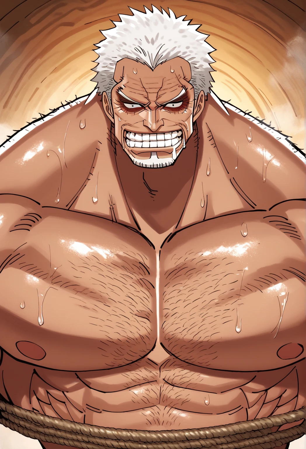 Monkey D. Garp in the sauna, staring at golden pendulum, shirtless, rope bondage, restraints, shibari, drool, white hair, facial hair, muscular, muscles, big biceps, broad shoulders, massive pecs, sweaty, hairy chest, glowing golden spiral in the eyes, struggling expression, vacant stare, hypnotized, brainwashed, focused, High Resolution