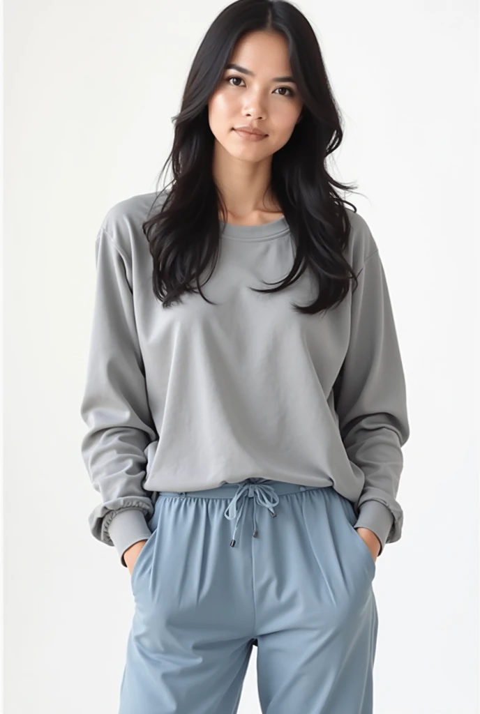 japanese modest girl,unkempt and damaged hair,white t-shirt,jersey gray pants,large tareme,curvy,ponytail,