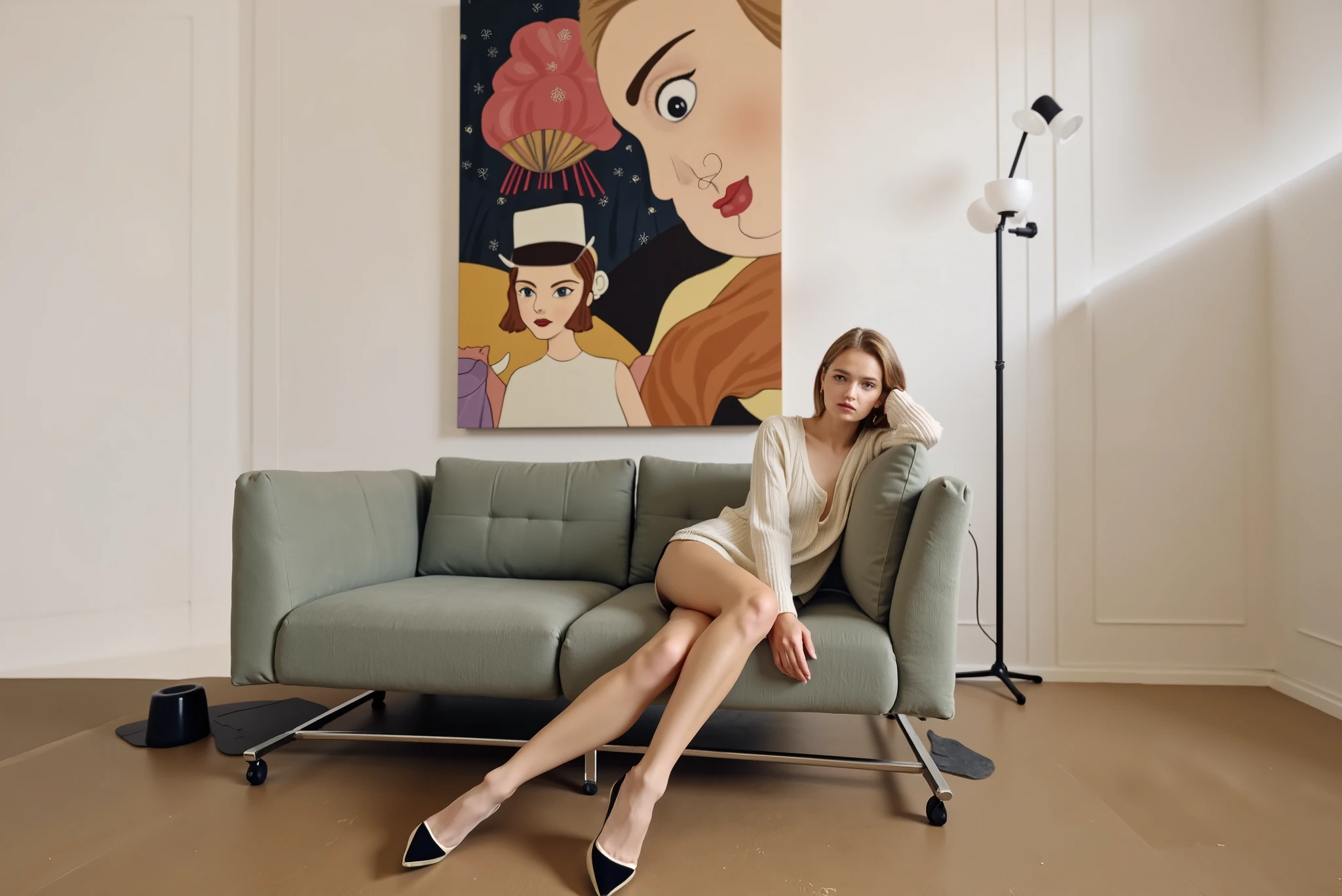 High quality and high definition photo. Young slender nice European woman with nice opened grey eyes, 20 YO. Picture of cute gentle blond woman sitting on a couch in a room with a painting on the wall, inspired in balthus, inspired by Leila Faithfull, inspired by Balthus, inspired by Andrew Boog Faithfull, mixed art, in style of britt marling, julia gorokhova, sitting in french apartment, by Leila Faithfull, by Sara Saftleven