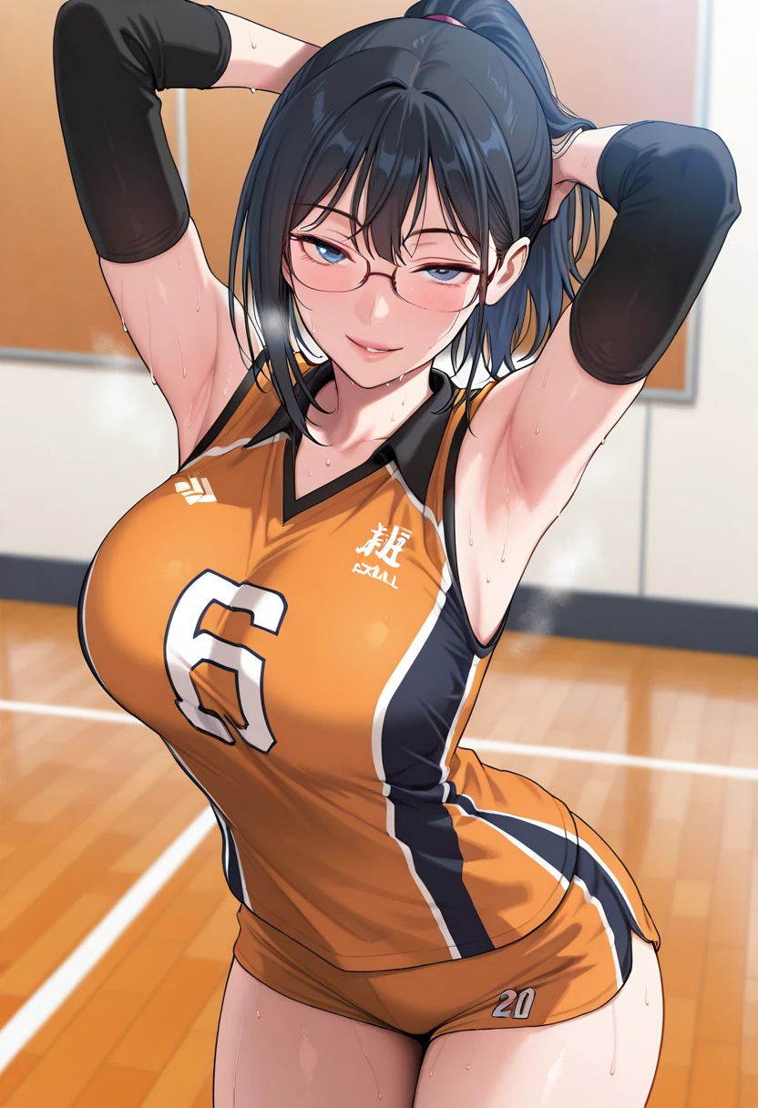 Perfect, masterpiece, (best quality, highres:1.2), 1girl, beautiful detailed eyes, beautiful detailed lips, beautiful detailed face, long eyelashes, vivid colors, HDR, studio lighting, ultra-fine painting, sharp focus, physically-based rendering, extreme detail description, portraits, ((organized fingers)), curvy body, large breasts, perfect shape, facing viewer, sweaty, gorgeous, ((arms up)), sleeveless, straddling, smile, black hair, blue eyes, armpits visible, sweaty armpits, glasses, black orange volleyball uniform, wearing sleeve