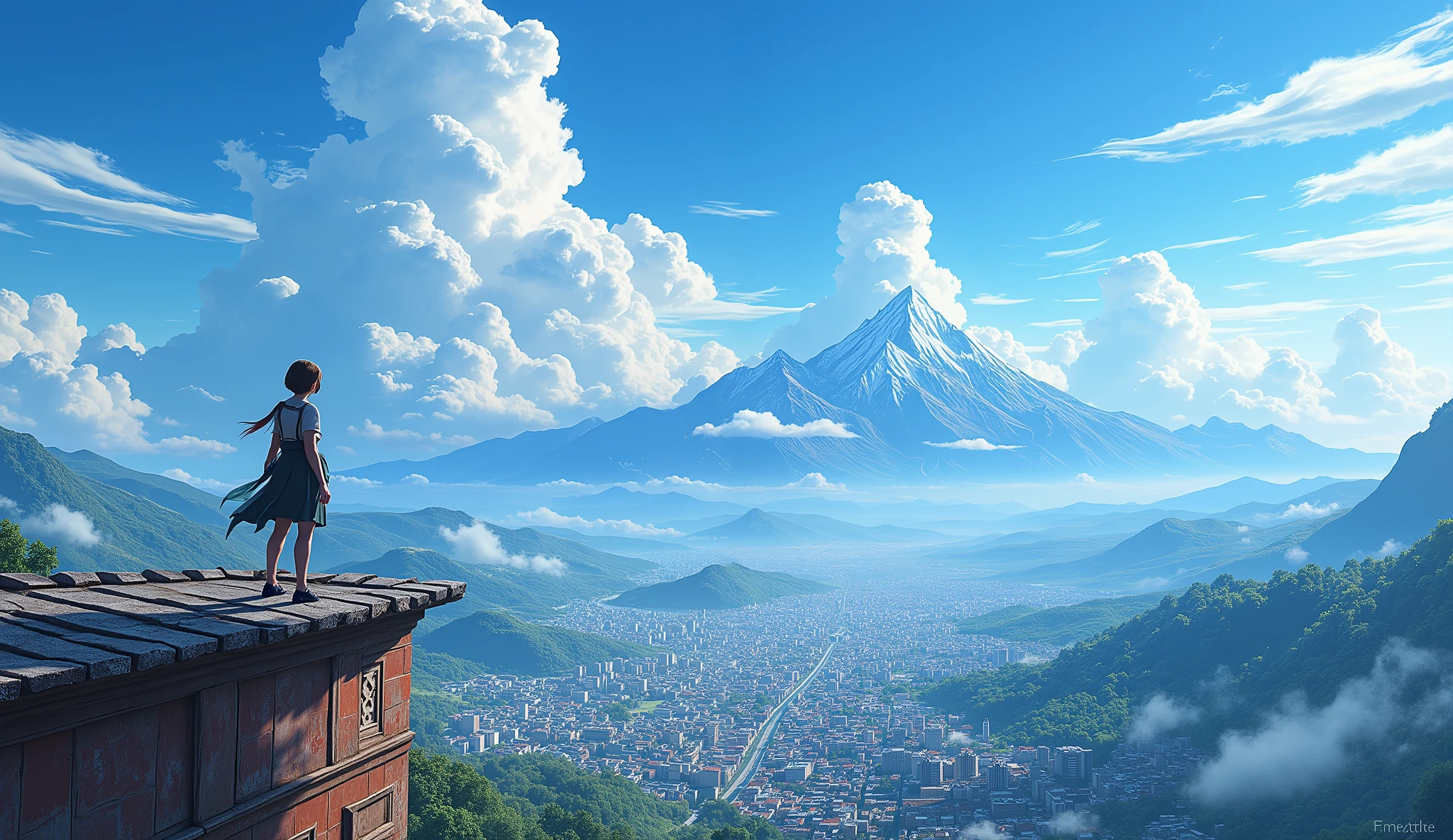 rooftop view overlooking the town below, mountains in the distance, clashing with the horizon, puffy clouds streaming across the sky
