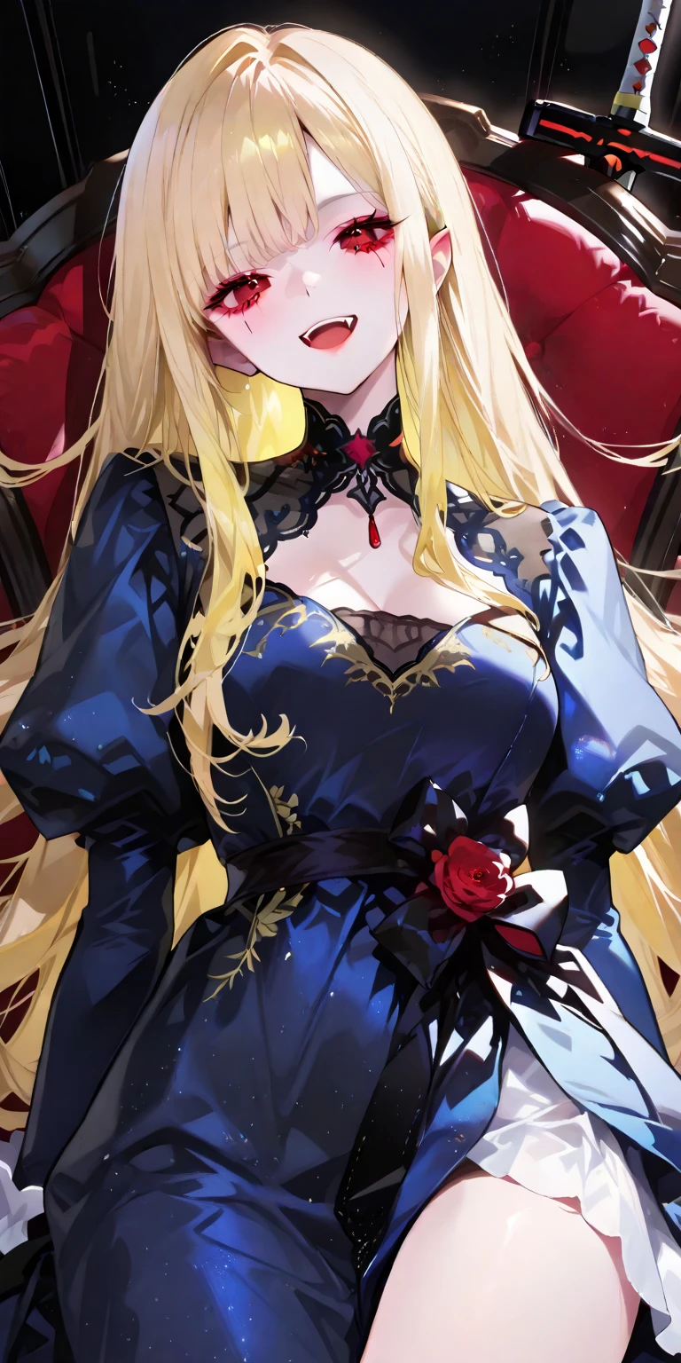 blonde hair, long and fluffy eyelashes,(wavy long hair),(red eyes:1.2), <lora:roxanna1:0.7>, evil smile, masterpiece, best quality, realistic, handsome, realistic, detailed, balanced, red butterflies, symbol-shaped pupils, goddess of lightning, thunder, glowing, magic circle, backlighting, light particles, light rays, wallpaper,