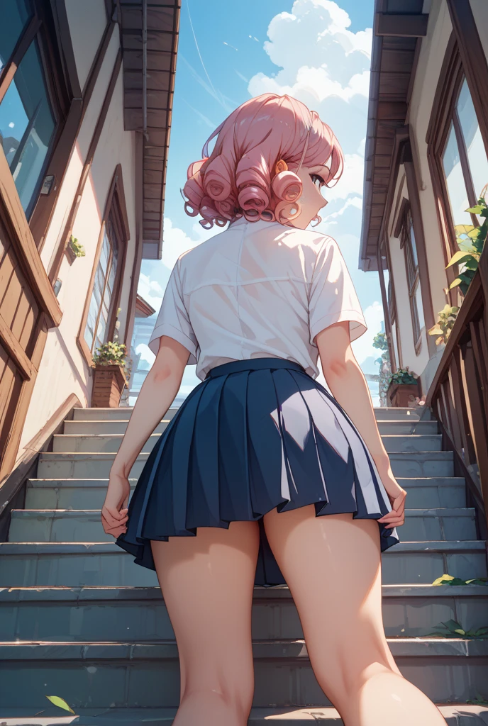 masterpiece, best quality,
view from behind, (view from below:1.5),
1girl, ((summer clothes, , serafuku, mini skirt)), (white panties:0.6), pink hair, embarrassed face,
skirt can be rolled up, escalator,