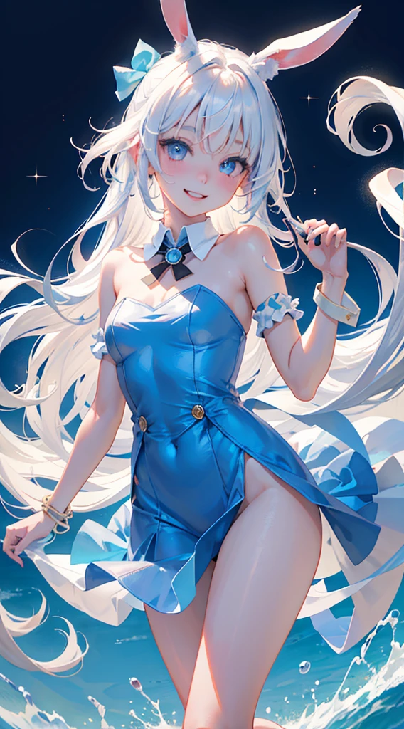 High resolution, masterpiece, Accurate, Highest quality, number々Awards for, High resolutionモデル,
Heavy bangs, Silver Hair, Wet Hair, Half Up, 1 bun, Super long hair,
thin、White skin, Ice blue eyes erfly hair accessory, Crystal Earrings,Gold anklet swimsuit, Bikini with ruffles,
whole body, Character portrait