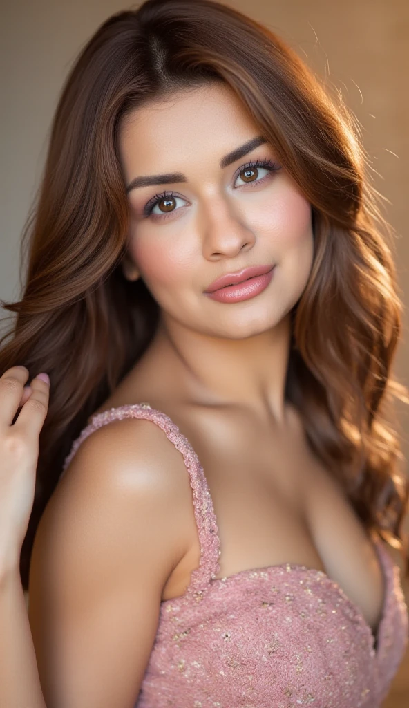 “A young woman with a gentle smile, long wavy brown hair, and soft bangs that frame her face. She has large, almond-shaped eyes with a slight upward tilt, framed by long eyelashes. Her eyebrows are thin and well-defined, arched slightly above her eyes. Her nose is small and straight, leading down to full, slightly curved lips that form a warm and inviting smile. The woman has a smooth, fair complexion with a subtle blush on her cheeks. She is lying down with her head slightly tilted, and the soft lighting highlights her delicate facial features, giving her a youthful and radiant appearance. She is wearing a light turquoise bikini top with black straps that accentuates her chest. The background is an indoor setting, featuring a dark, minimalist decor with some metal bars on the wall, giving the image a modern, sleek atmosphere. The woman is lying down, her head slightly tilted, with long, dangling earrings adding a touch of elegance to her look. The lighting is soft, highlighting her facial features and creating a cozy, intimate mood.”