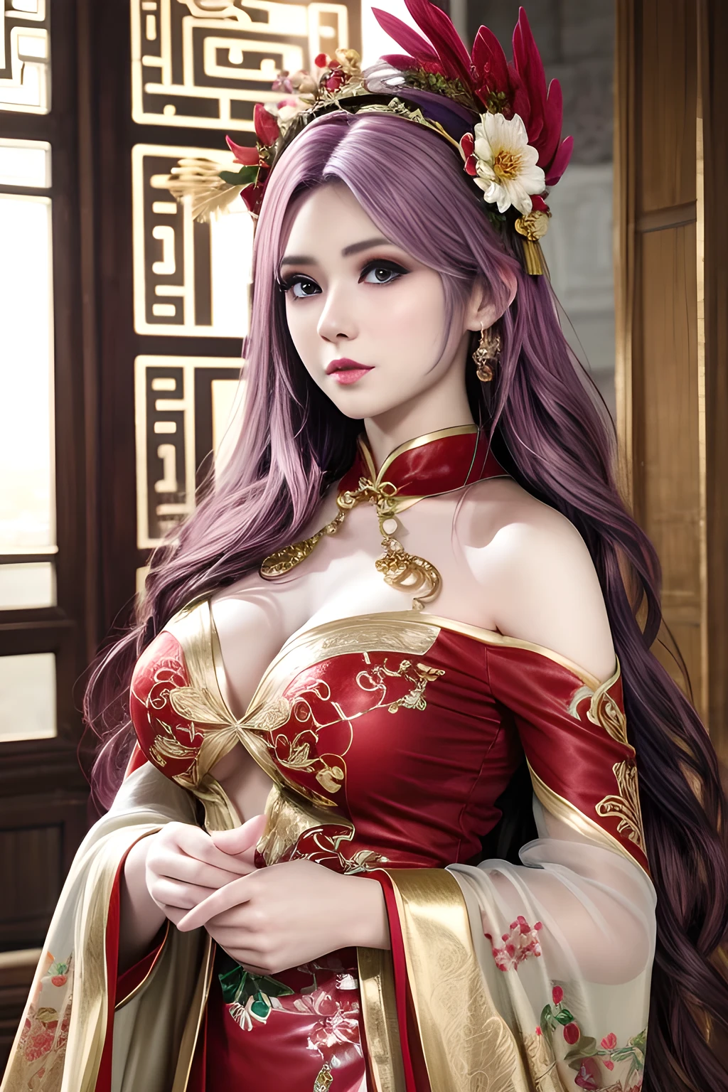1个Giant Breast Girl,Elise, (Wearing Chinese Wedding_a skirt),jewely,Tattooed with,鎖骨,gigantic cleavage breasts,tmasterpiece, Best Picture Quality,of a real, Detailed pubic hair,8K，number art,Detailed pubic hair头发,(of a realistic, photo-of a realistic:1.37),Amazing Cleavage, finely detailled,full bodyesbian,