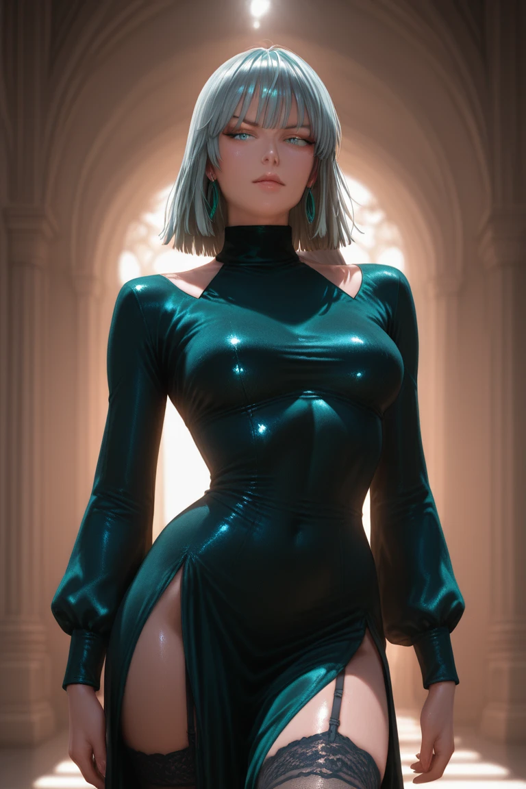 {((1 woman))}, ((wearing white costume, lock with black parts, fully girdled, stuck to the body, extremely tight and tight)), ((short straight blue hair, shimmering green eyes)), ((has extremely large and firm breasts)), only she is ((looking at the viewer, looking and expression of deep hatred, striking ?????? pose leaning against something)), ((in a mall, with several people doing in the circulation area)), (((full body))), 16k, UHD, Better quality, better resolution, better detail,Detailedface