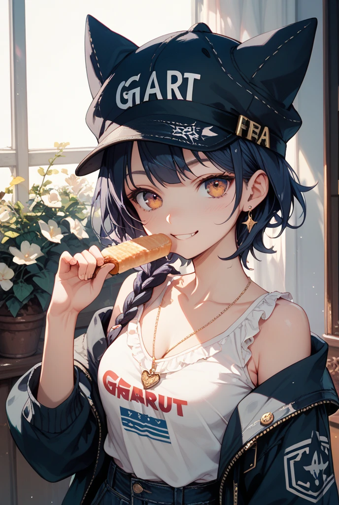to use, android, robot, mechanical arm, bright, purple eyes, purple hair, cap, eat french fries