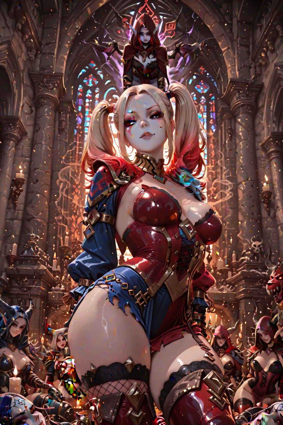 Crazy Clown Queen, sitting on a golden throne, Wear a clown hat, Wear clown costumes, mitts, vivd colour, Laughing, Deep blonde hair, Cute breasts, Horror , (did not wear panties),Wavy hair, Bun, and high heels. Blood, Circus props, spooky ambiance, haunted background. Surrealist style, Sharp contrast, ominous lighting, high-density imaging review, Ultra-high definition, Studio lighting,physically-based renderingt, Extreme detail description, professional (Horror )
