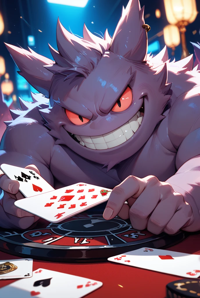 the devil \(cuphead\) ,yellow sclera, red eyes, red nose, demon, horns, claws, black fur, fewer digits, demon tail, looking at viewer, evil grin,
casino, playing blackjack, casino chips on table, extreme detail, masterpiece, <lora:loracupheaddevilv4:.8>